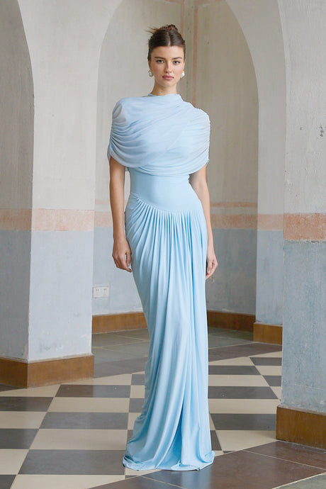 Aurohaya Catherine asymmetrical pleated maxi dress in Baby-blue
