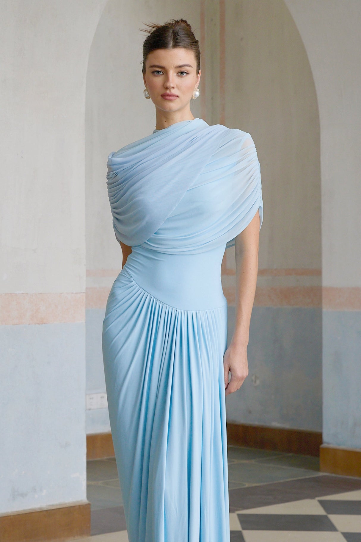 Aurohaya Catherine asymmetrical pleated maxi dress in Baby-blue