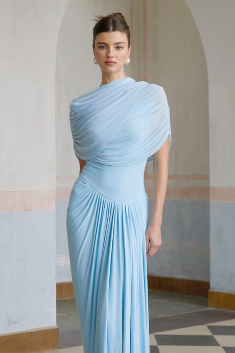 Aurohaya Catherine asymmetrical pleated maxi dress in Baby-blue