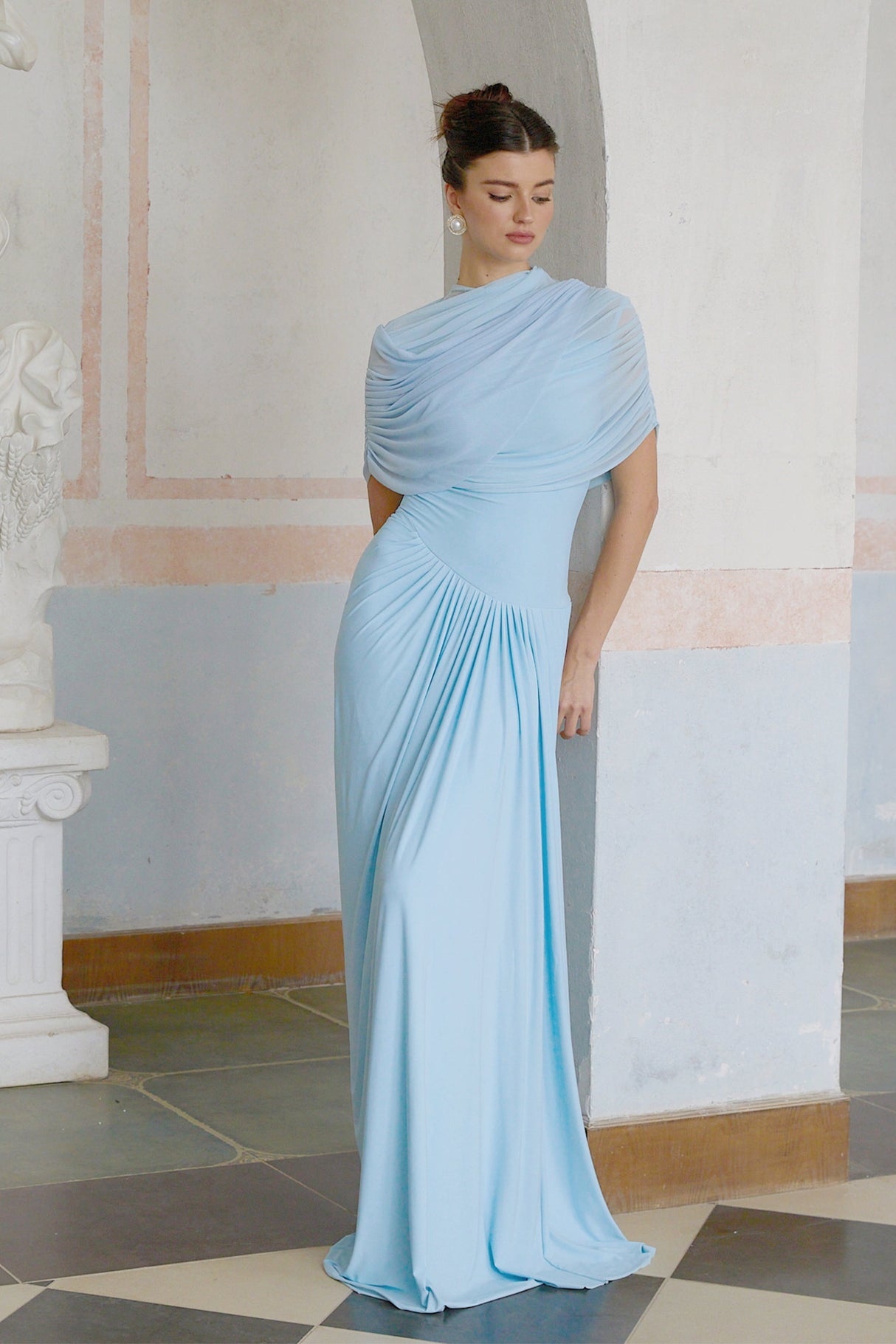 Aurohaya Catherine asymmetrical pleated maxi dress in Baby-blue