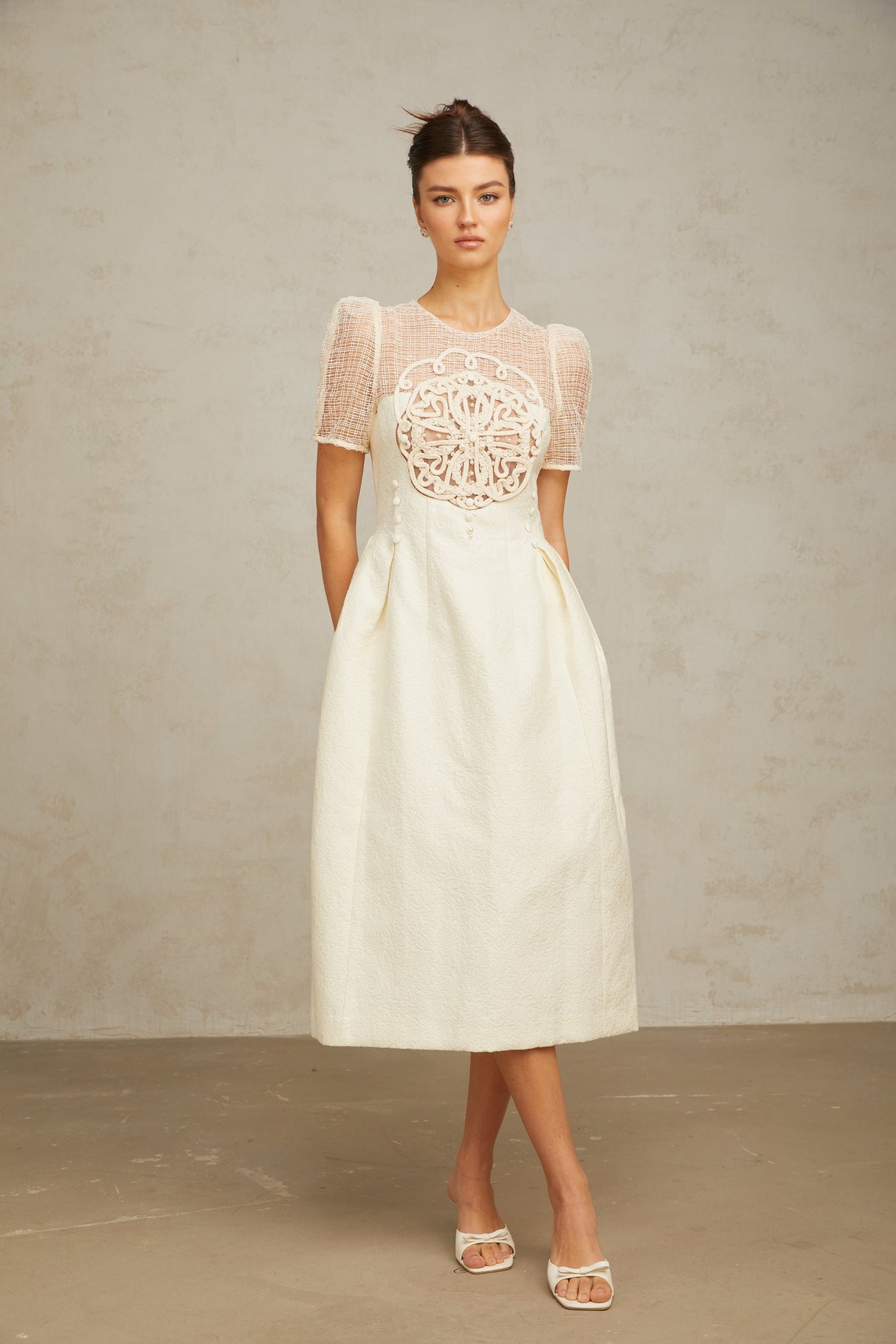 Aurohaya Camille white braid panelled midi dress