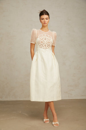 Aurohaya Camille white braid panelled midi dress