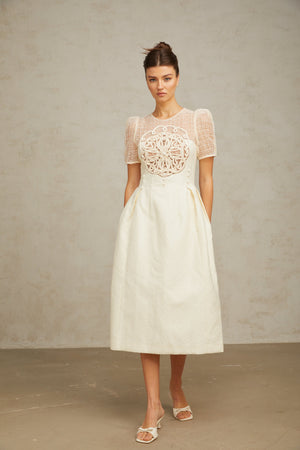 Aurohaya Camille white braid panelled midi dress