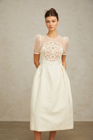 Aurohaya Camille white braid panelled midi dress
