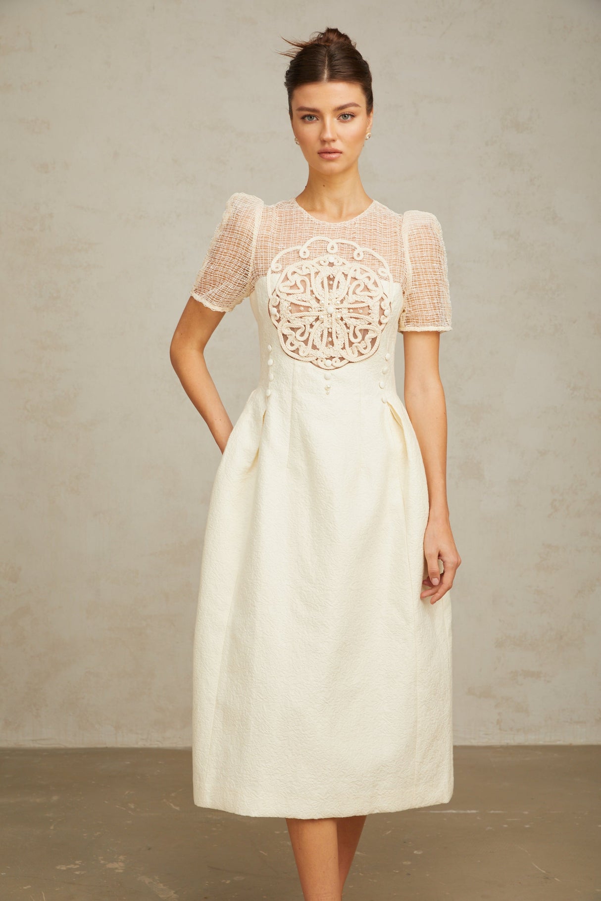 Aurohaya Camille white braid panelled midi dress