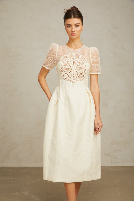 Aurohaya Camille white braid panelled midi dress