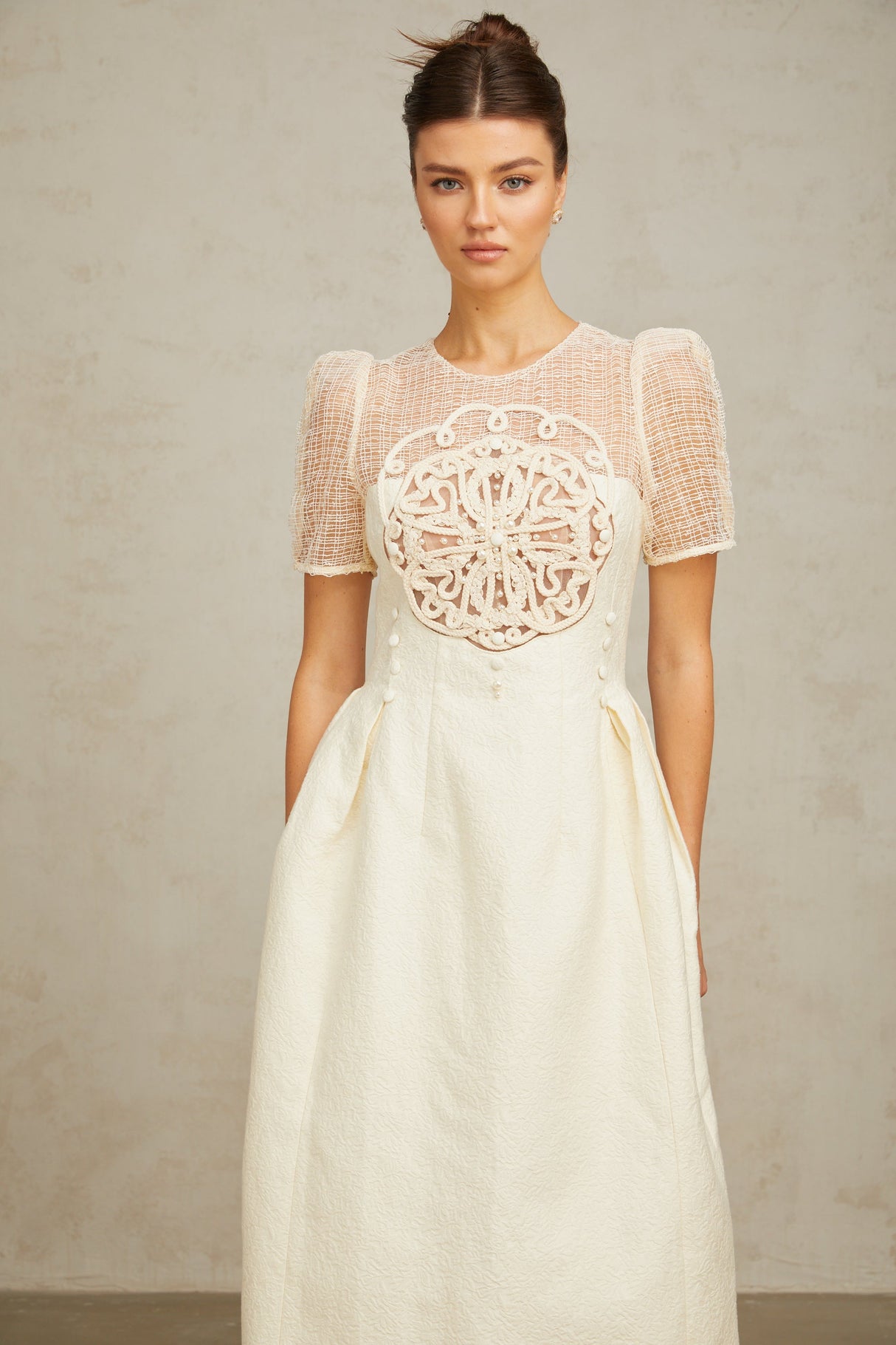 Aurohaya Camille white braid panelled midi dress