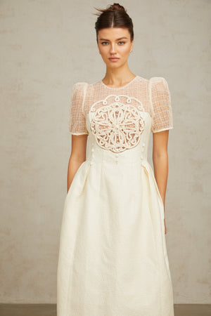Aurohaya Camille white braid panelled midi dress
