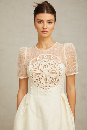 Aurohaya Camille white braid panelled midi dress