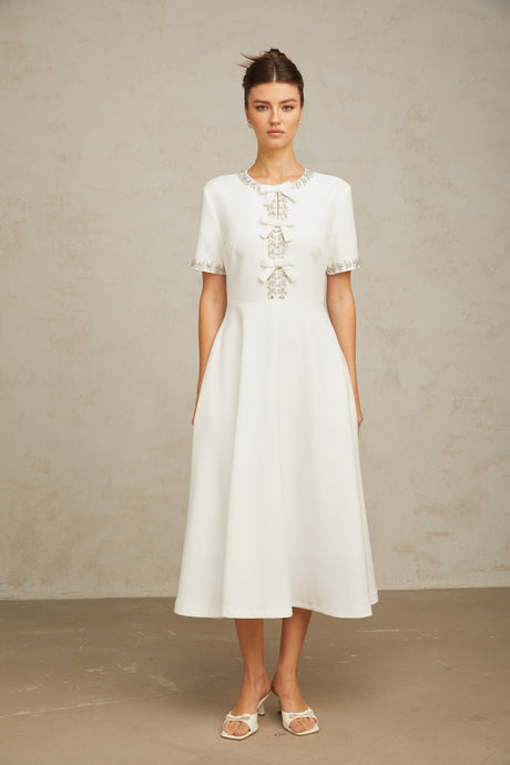 Aurohaya Cassiopeia crystal-accented bow midi dress in White