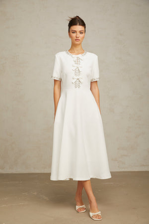 Aurohaya Cassiopeia crystal-accented bow midi dress in White
