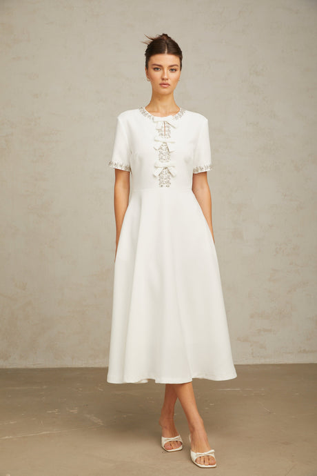 Aurohaya Cassiopeia crystal-accented bow midi dress in White