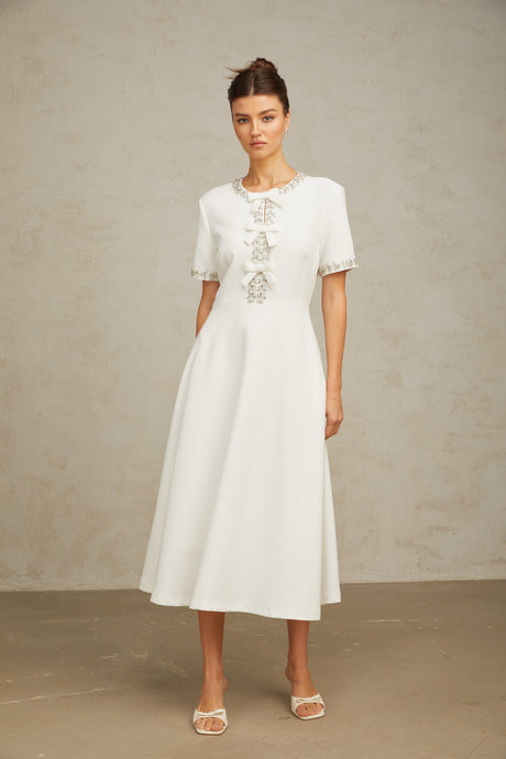Aurohaya Cassiopeia crystal-accented bow midi dress in White