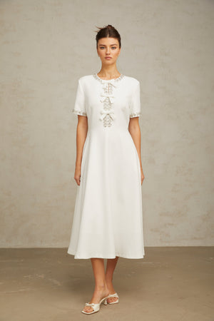 Aurohaya Cassiopeia crystal-accented bow midi dress in White