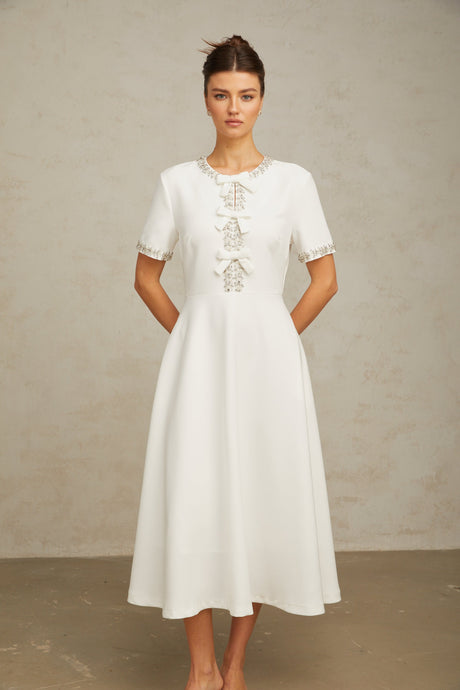 Aurohaya Cassiopeia crystal-accented bow midi dress in White