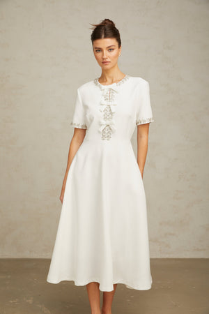 Aurohaya Cassiopeia crystal-accented bow midi dress in White