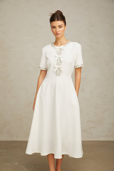 Aurohaya Cassiopeia crystal-accented bow midi dress in White
