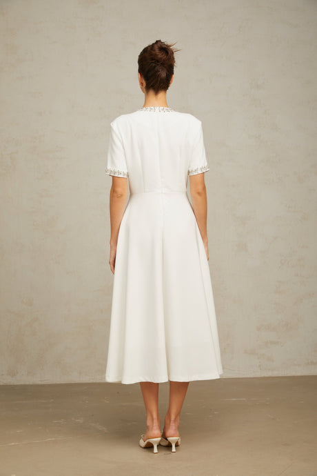 Aurohaya Cassiopeia crystal-accented bow midi dress in White
