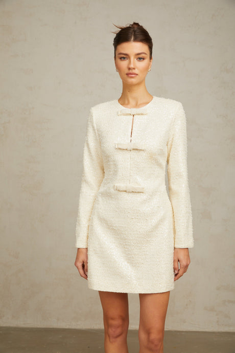 Aurohaya Angélique white sequined tweed mini dress