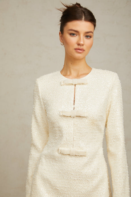 Aurohaya Angélique white sequined tweed mini dress