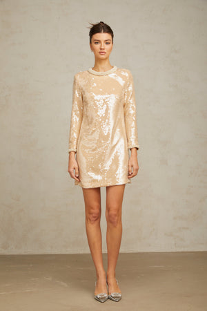 Aurohaya Ornella neutrals faux-pearl sequined mini dress
