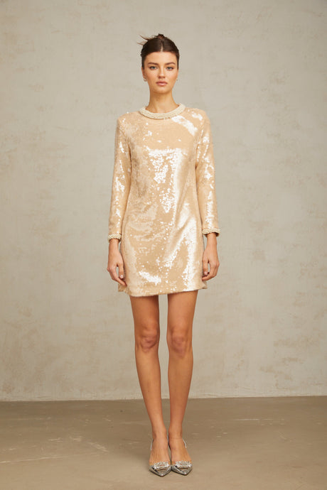 Aurohaya Ornella neutrals faux-pearl sequined mini dress