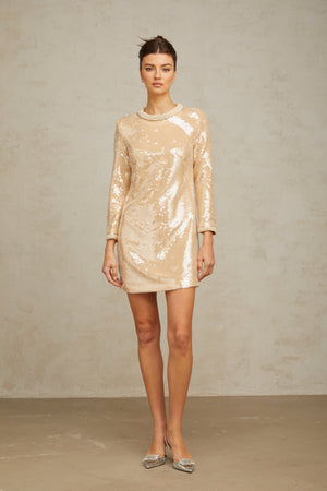 Aurohaya Ornella neutrals faux-pearl sequined mini dress