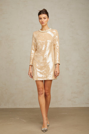 Aurohaya Ornella neutrals faux-pearl sequined mini dress