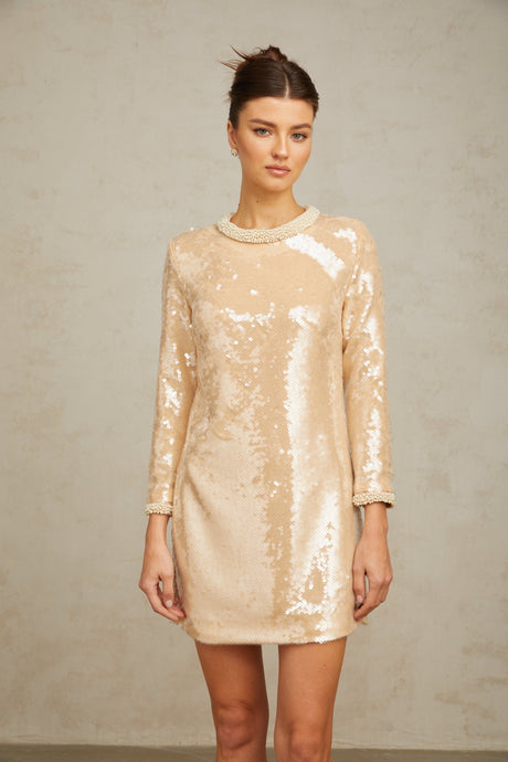 Aurohaya Ornella neutrals faux-pearl sequined mini dress