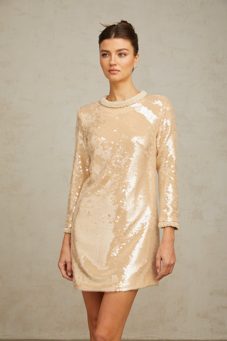 Aurohaya Ornella neutrals faux-pearl sequined mini dress