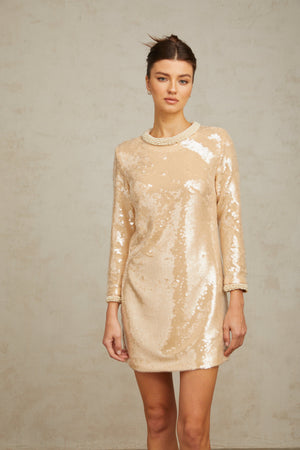 Aurohaya Ornella neutrals faux-pearl sequined mini dress