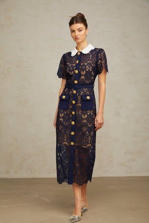 Aurohaya Ariane Navy Crochet-lace Midi Dress