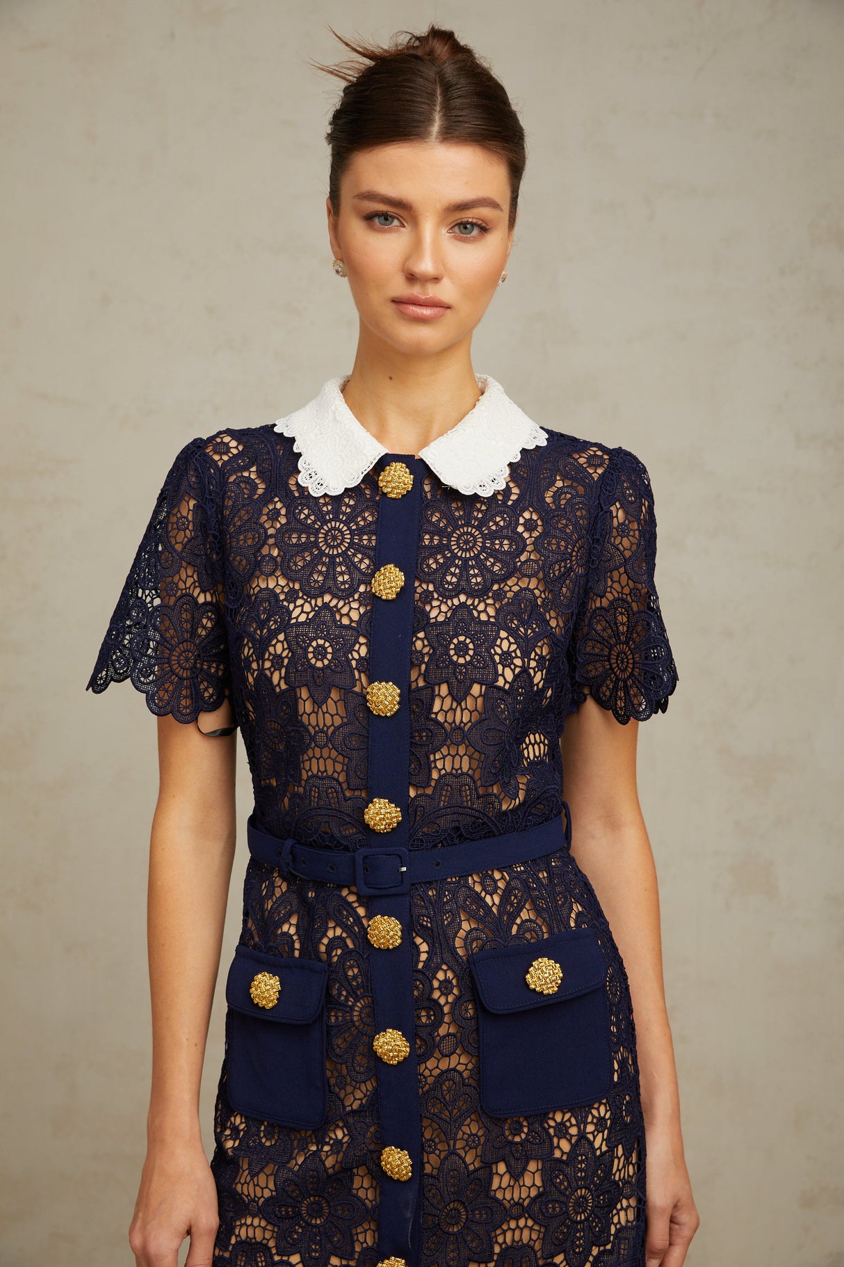Aurohaya Ariane Navy Crochet-lace Midi Dress