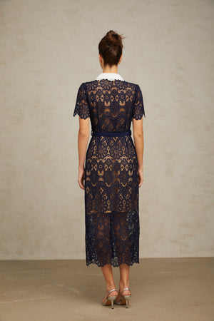 Aurohaya Ariane Navy Crochet-lace Midi Dress