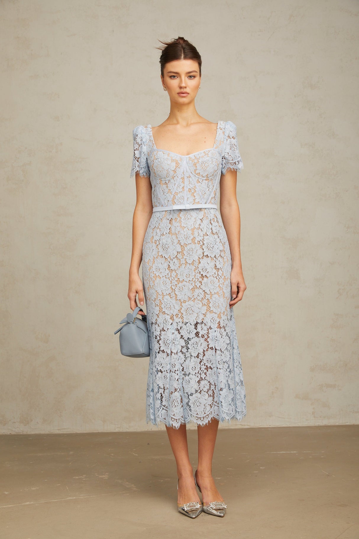 Aurohaya Audrey blue floral-lace boned midi dress