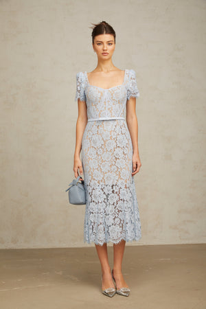Aurohaya Audrey blue floral-lace boned midi dress