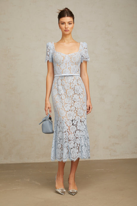 Aurohaya Audrey blue floral-lace boned midi dress