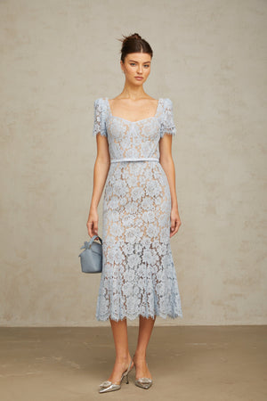 Aurohaya Audrey blue floral-lace boned midi dress