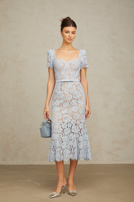 Aurohaya Audrey blue floral-lace boned midi dress