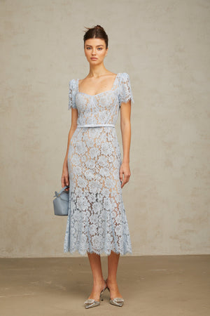 Aurohaya Audrey blue floral-lace boned midi dress
