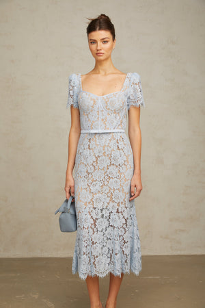 Aurohaya Audrey blue floral-lace boned midi dress