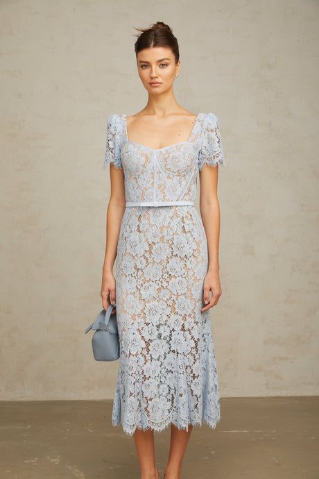 Aurohaya Audrey blue floral-lace boned midi dress