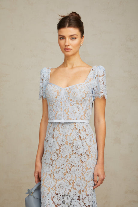 Aurohaya Audrey blue floral-lace boned midi dress