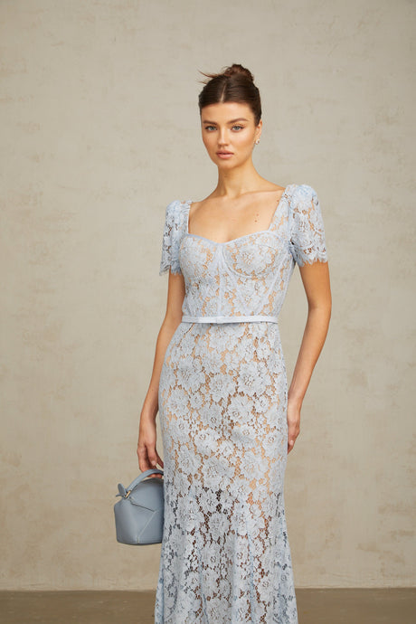 Aurohaya Audrey blue floral-lace boned midi dress