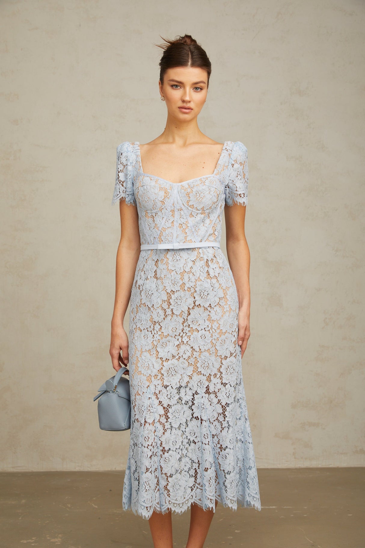Aurohaya Audrey blue floral-lace boned midi dress