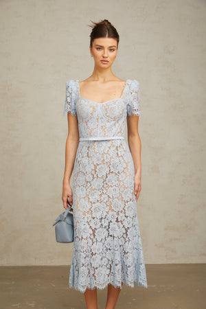 Aurohaya Audrey blue floral-lace boned midi dress