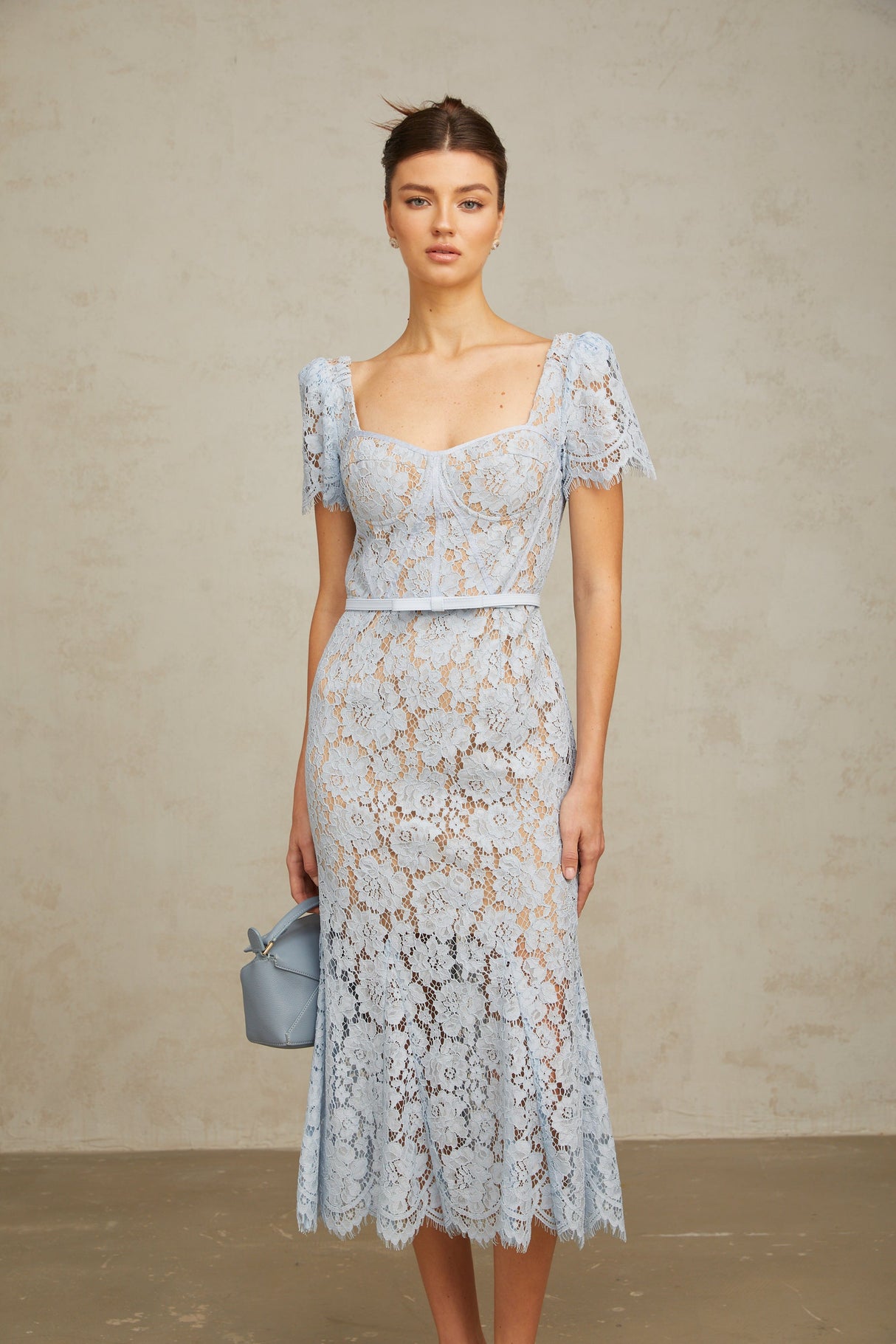 Aurohaya Audrey blue floral-lace boned midi dress