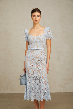 Aurohaya Audrey blue floral-lace boned midi dress
