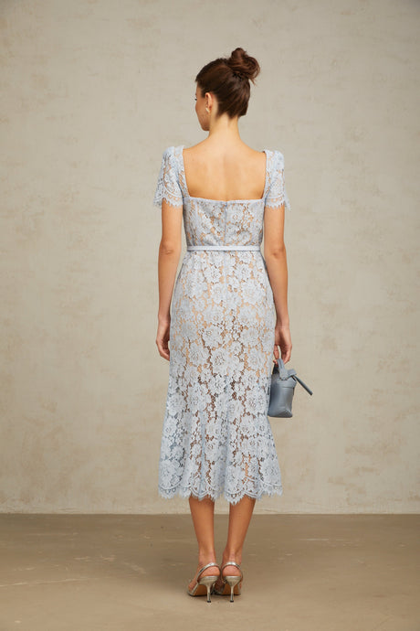 Aurohaya Audrey blue floral-lace boned midi dress