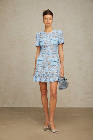Aurohaya Ariane blue floral-appliqué ruffled lace mini dress